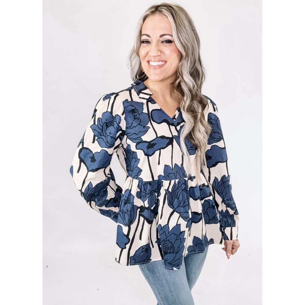 Blue Ivory Bold NWT Poppy Print Baby Doll V Neck‎ LS Blouse Top S Cotton Cottage
